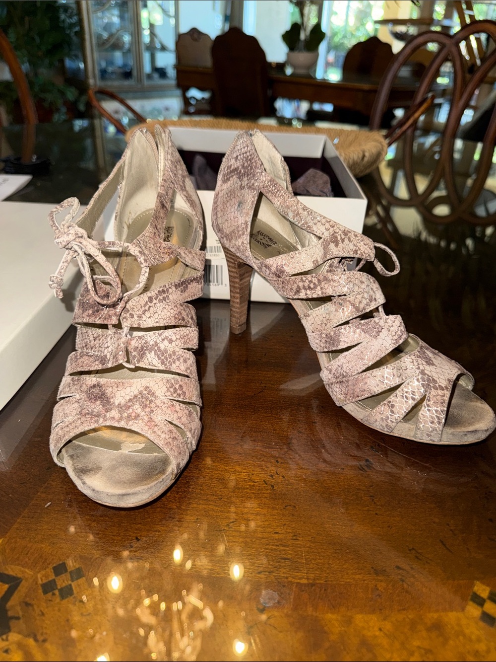 Anne Klein Snake-Print Lace-Up Heeled Sandals